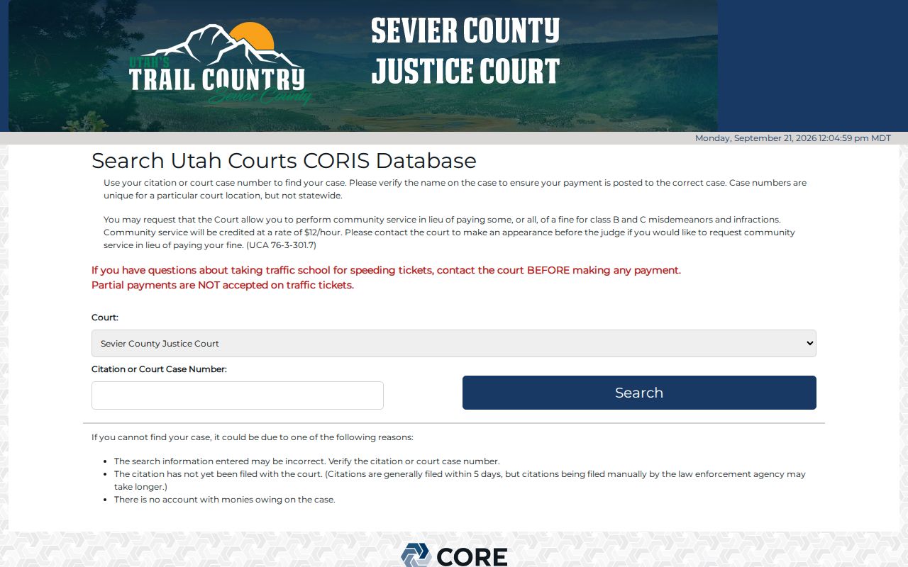 Sevier County Justice Court CORIS citation and case lookup
