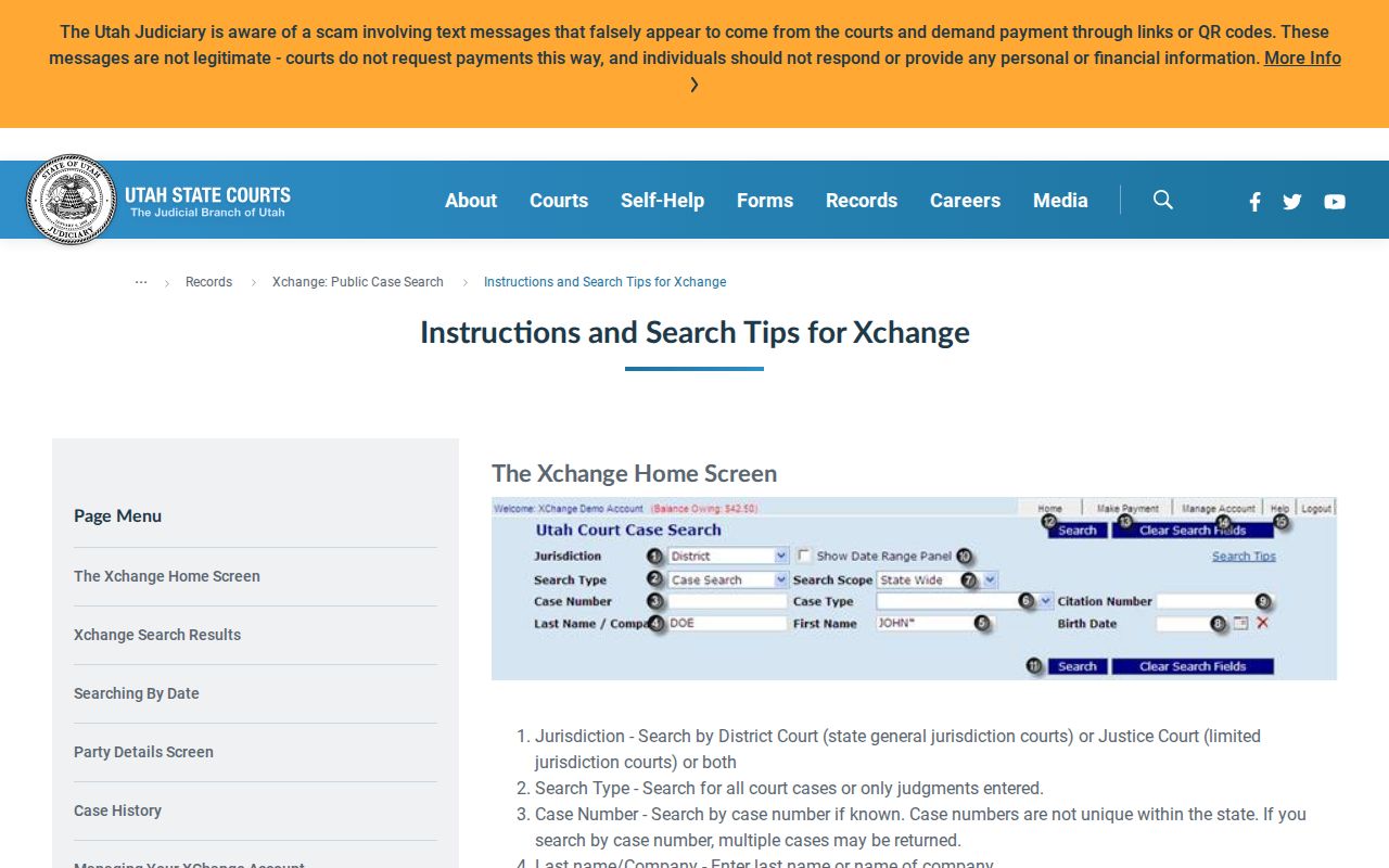 Utah Courts Xchange case-search field and result guidance