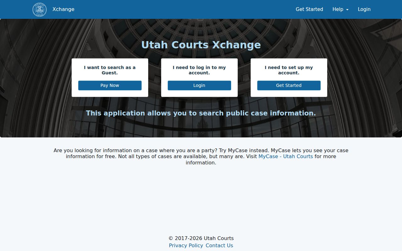 Utah Courts Xchange guest, payment, and account choices
