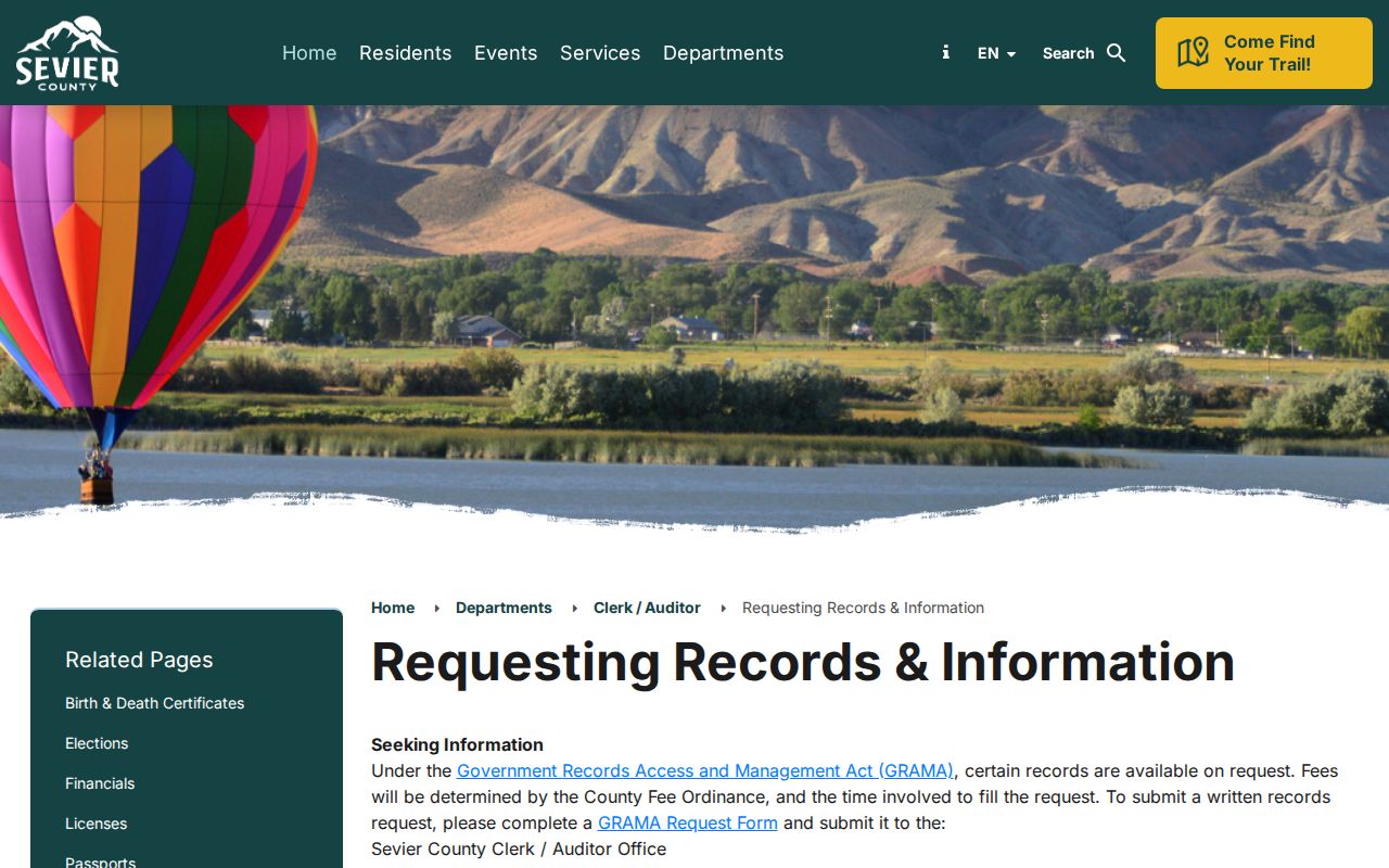 Sevier County Clerk and Auditor page for GRAMA record requests
