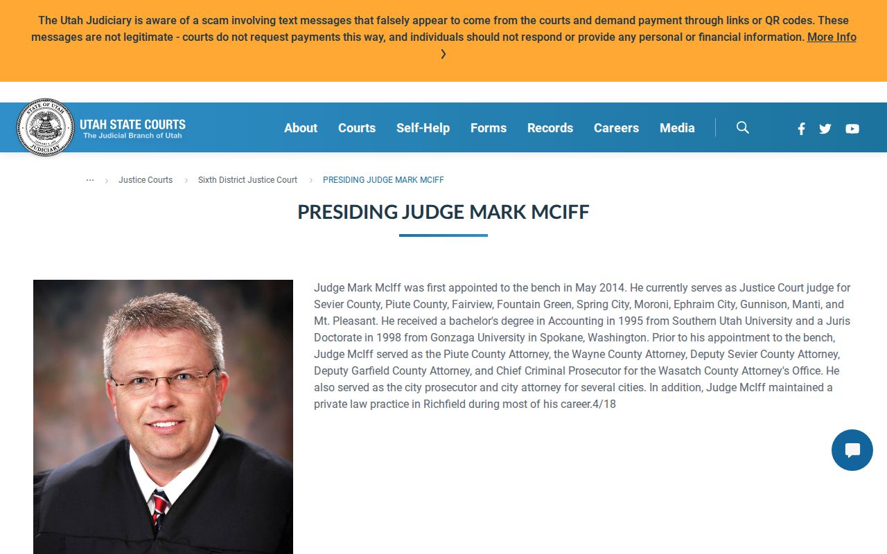 Utah Courts public biography page for a Sixth District justice court judge