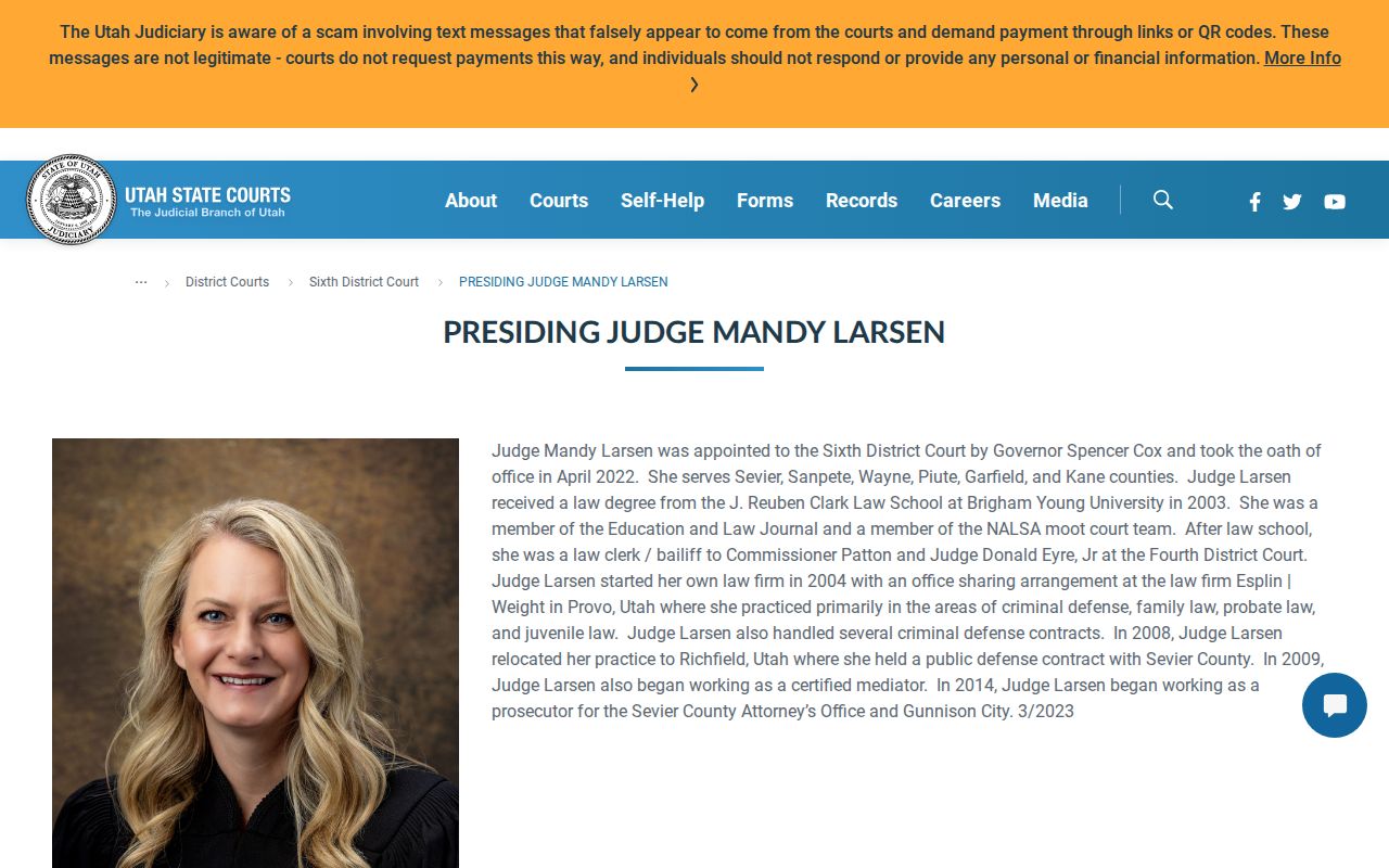 Utah Courts public biography page for a Sixth District Court judge
