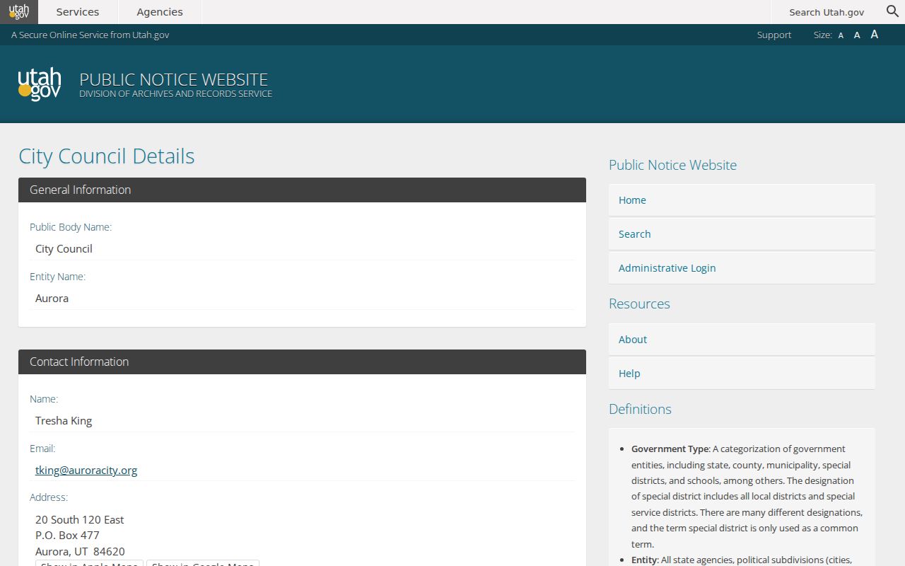 Aurora City public-body address and contact entry