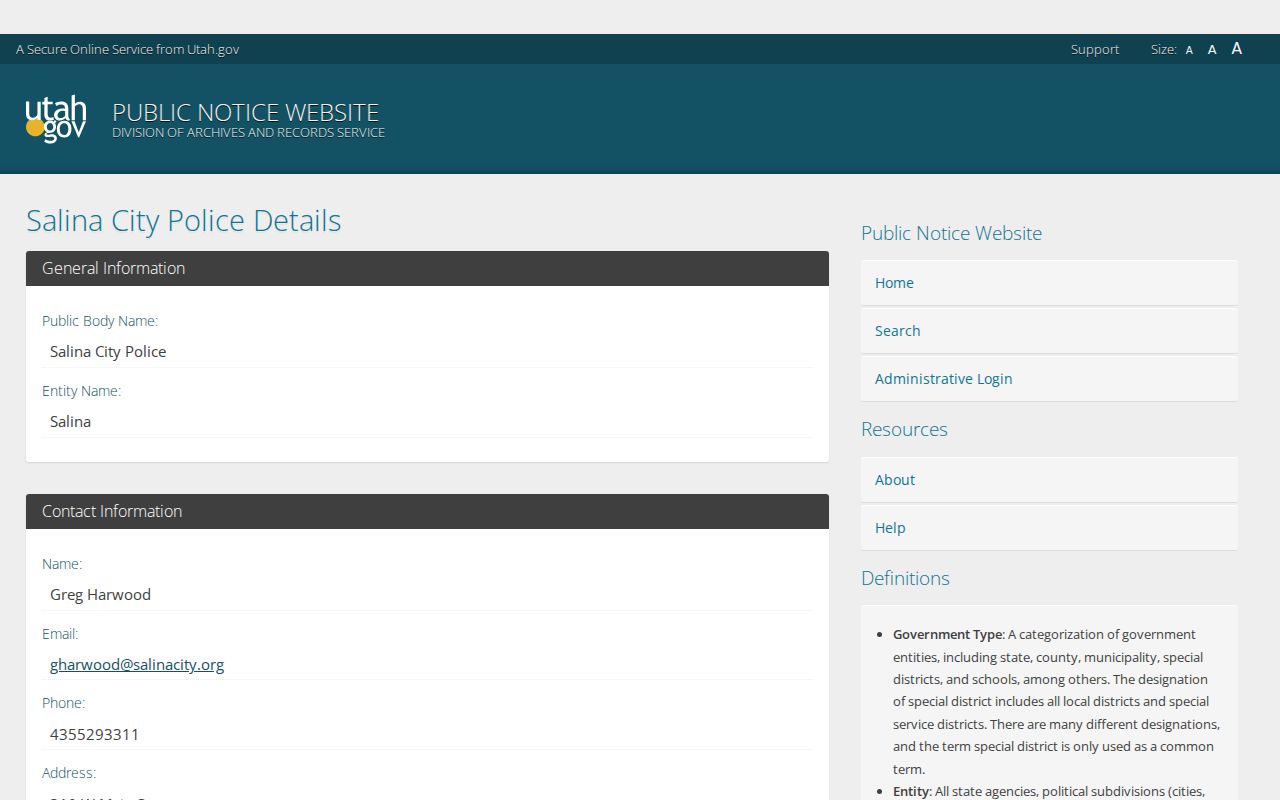 Official Salina Police public-body contact listing