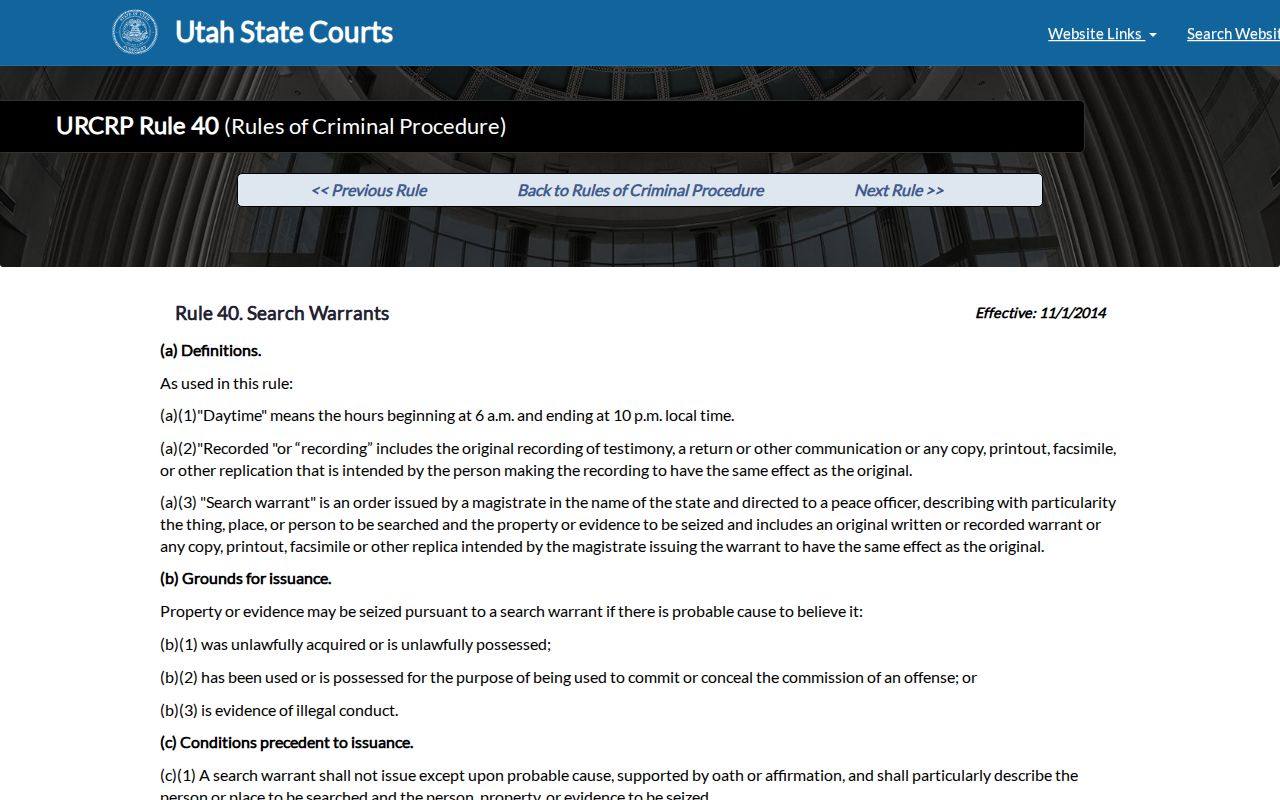 Utah Rule 40 page explaining search-warrant procedure and public timing
