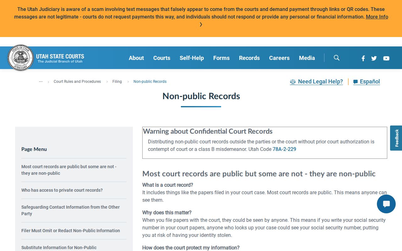 Utah Courts page explaining private identifiers and non-public court records