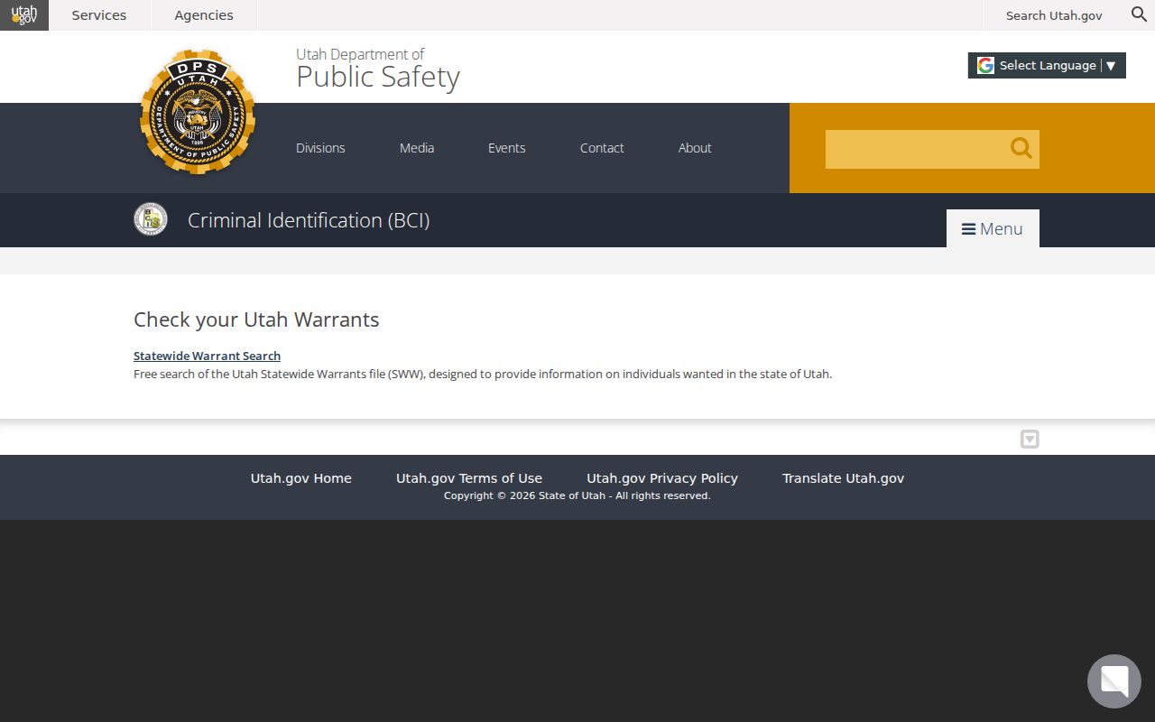 Utah BCI page linking to the Statewide Warrants search